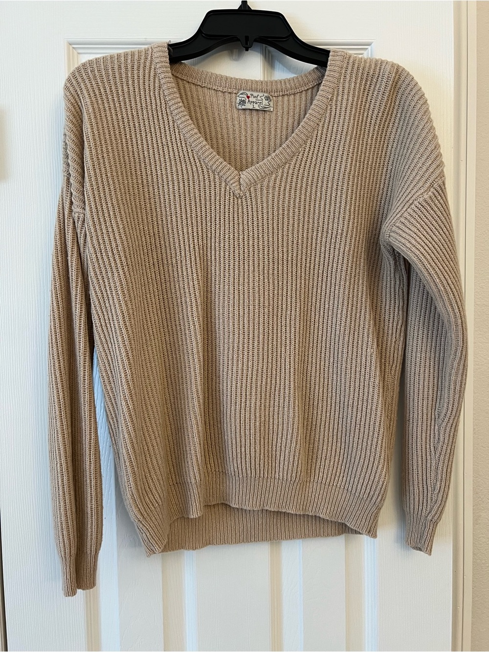 Poof! Ribbed V-Neck Sweater in Beige Taupe